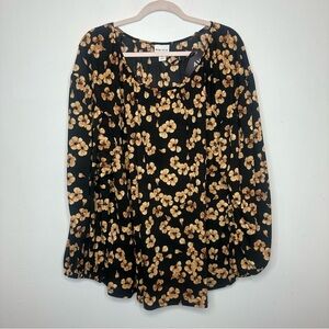 Ava & Viv 2X Black & Gold Floral Knit Top Stretchy Long Sleeve NWT Wide Arm